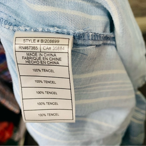 BB Dakota Midi Dress L Chambray Blue White Stripes Tencel Prairie Ruffle Hem - Picture 8 of 11